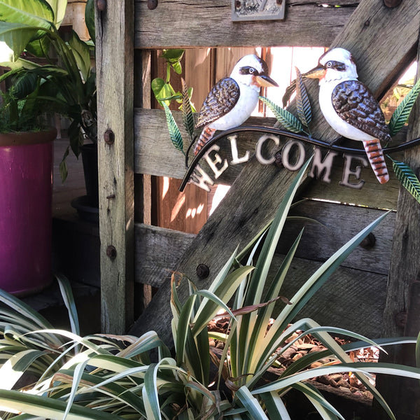 Kookaburra pair with Welcome Sign