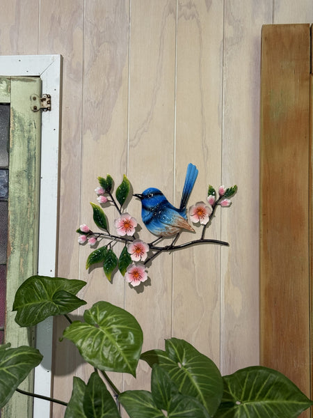 Blue Wren with Pink Flowers