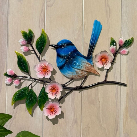 Blue Wren with Pink Flowers