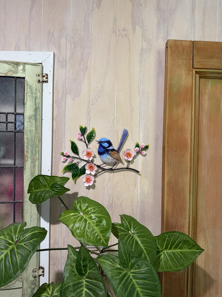 Blue Wren with Pink Flowers