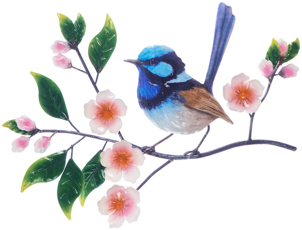 Blue Wren with Pink Flowers