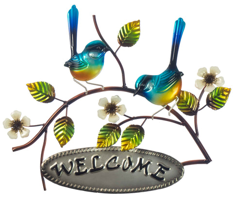 Blue Wrens on a Branch with Welcome Sign